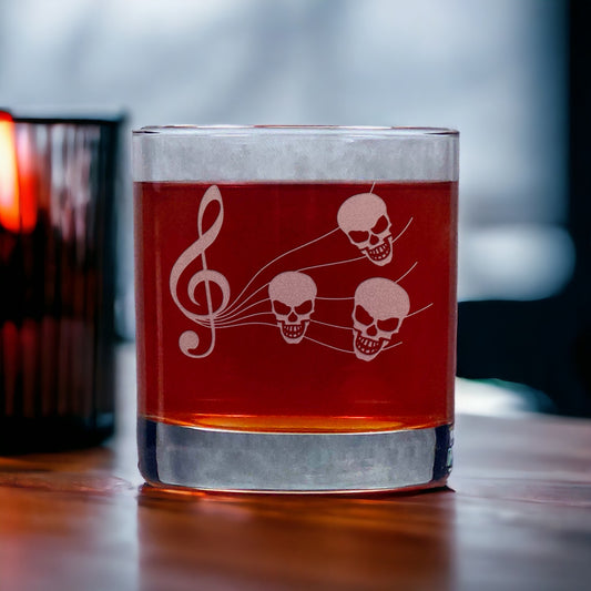 Personalized Music Staff with Skull Notes Etched 11oz Whiskey Glass – Custom Music Lover Gift