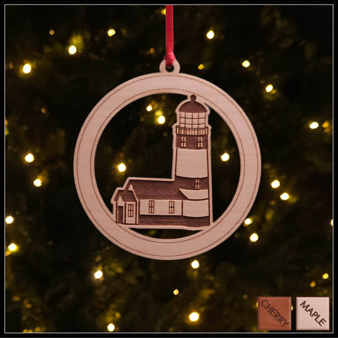 Maple Veneer Lighthouse Christmas tree ornament - Holiday Decor - Copyright Hues in Glass