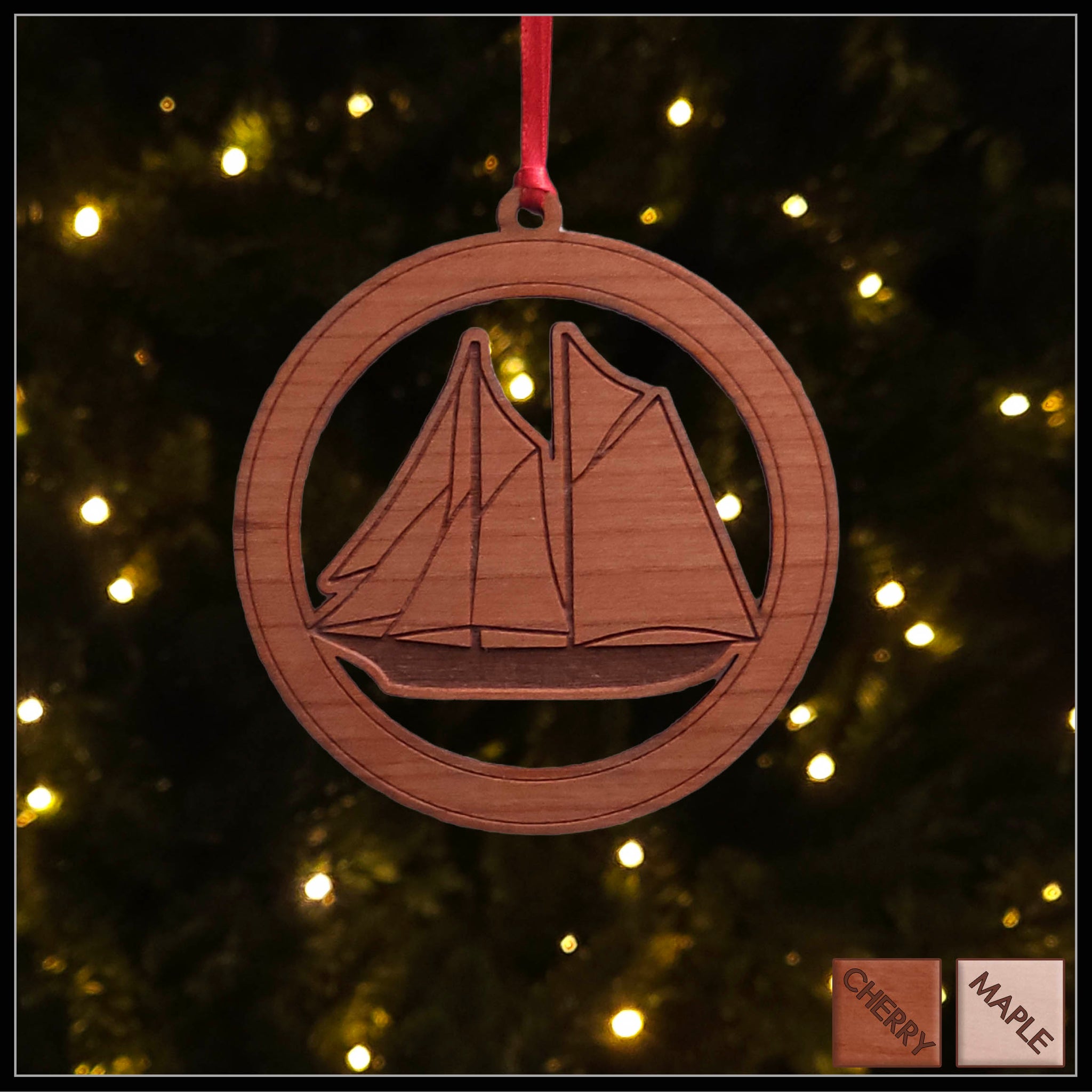 Cherry Veneer Sailing Ship Christmas tree ornament - Holiday Decor - Copyright Hues in Glass