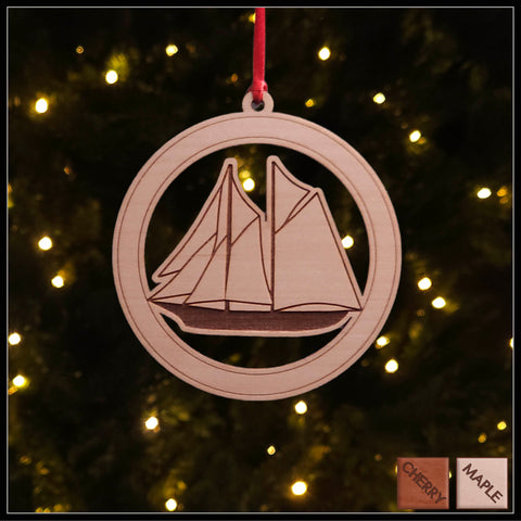Maple Veneer Sailing Ship Christmas tree ornament - Holiday Decor - Copyright Hues in Glass