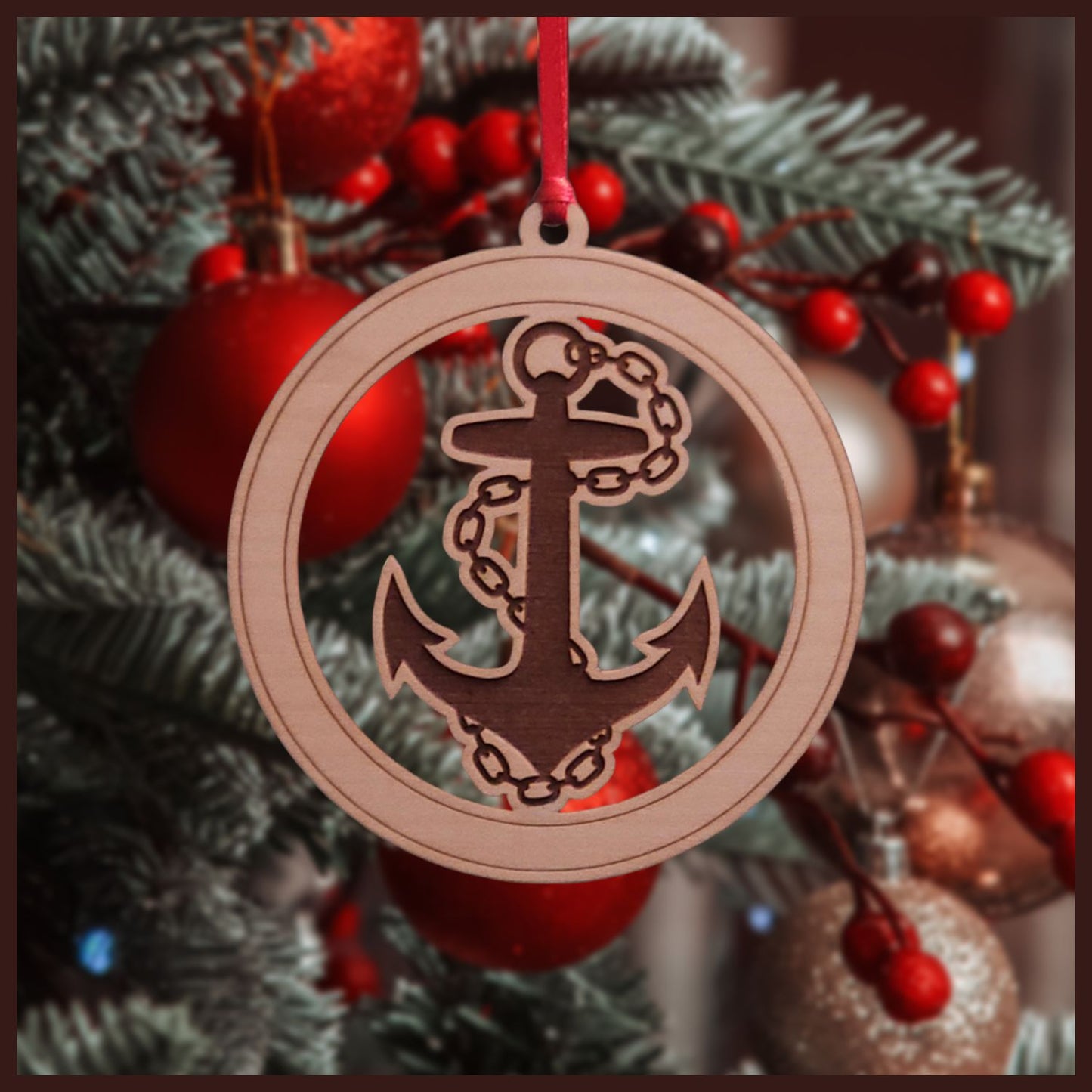 Cherry Veneer Anchor and Chain Christmas tree ornament - Holiday Decor - Copyright Hues in Glass