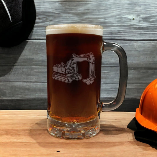 Beer Mug with image of an excavator etched onto the glass - copyright Hue in Glass