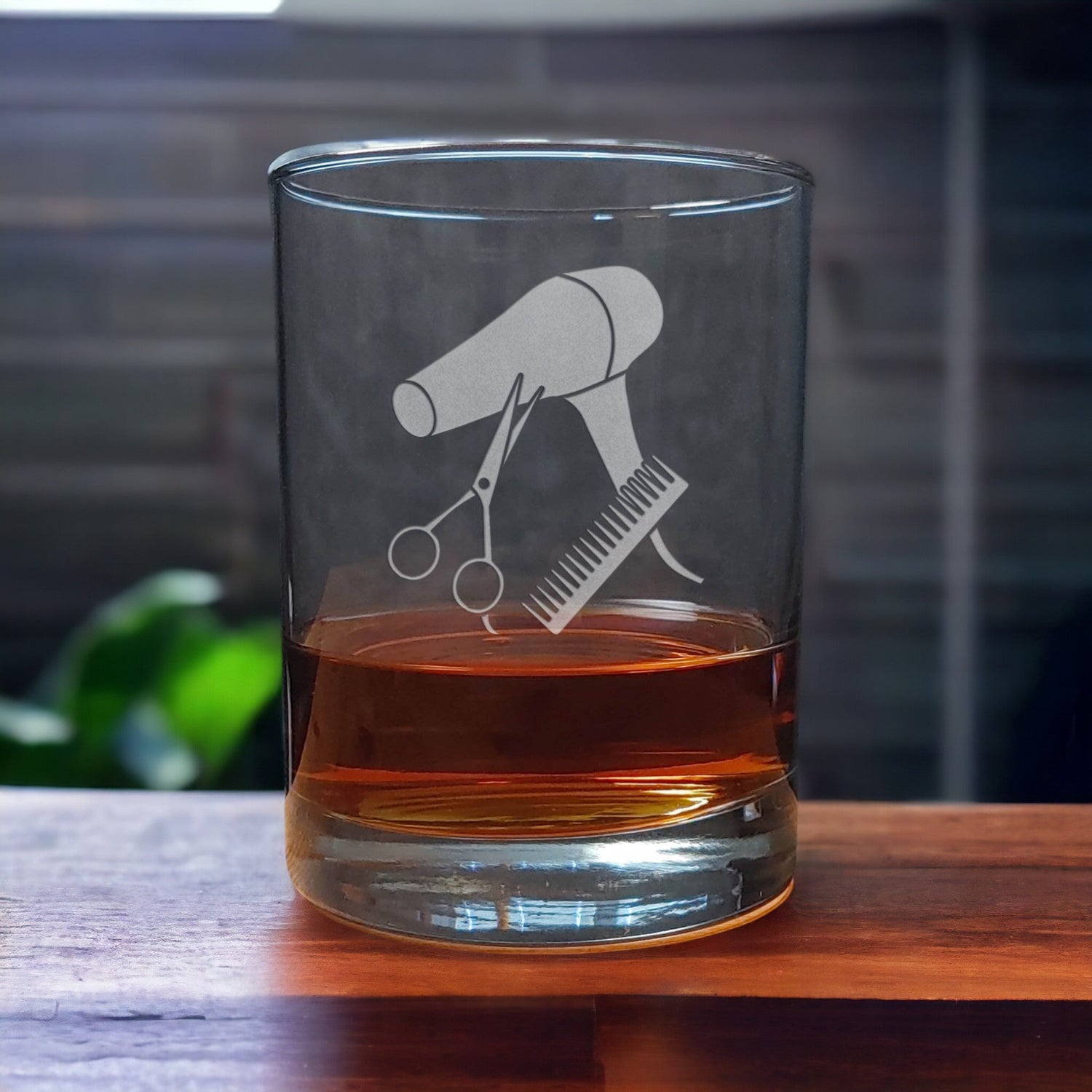 13oz Whiskey Glass with an etched image of a hairdryer, scissors, and comb