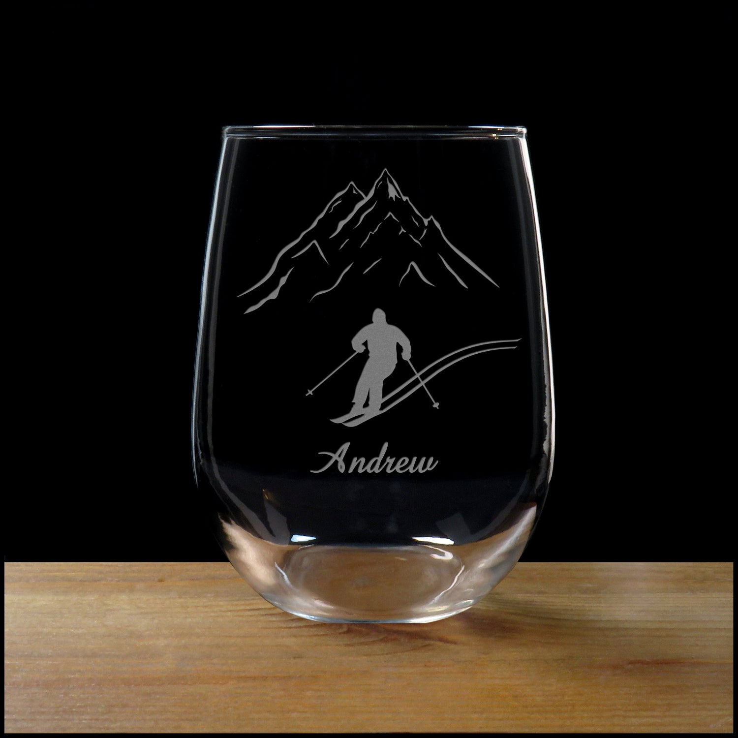 Skier Stemless Wine Glass - Copyright Hues in Glass