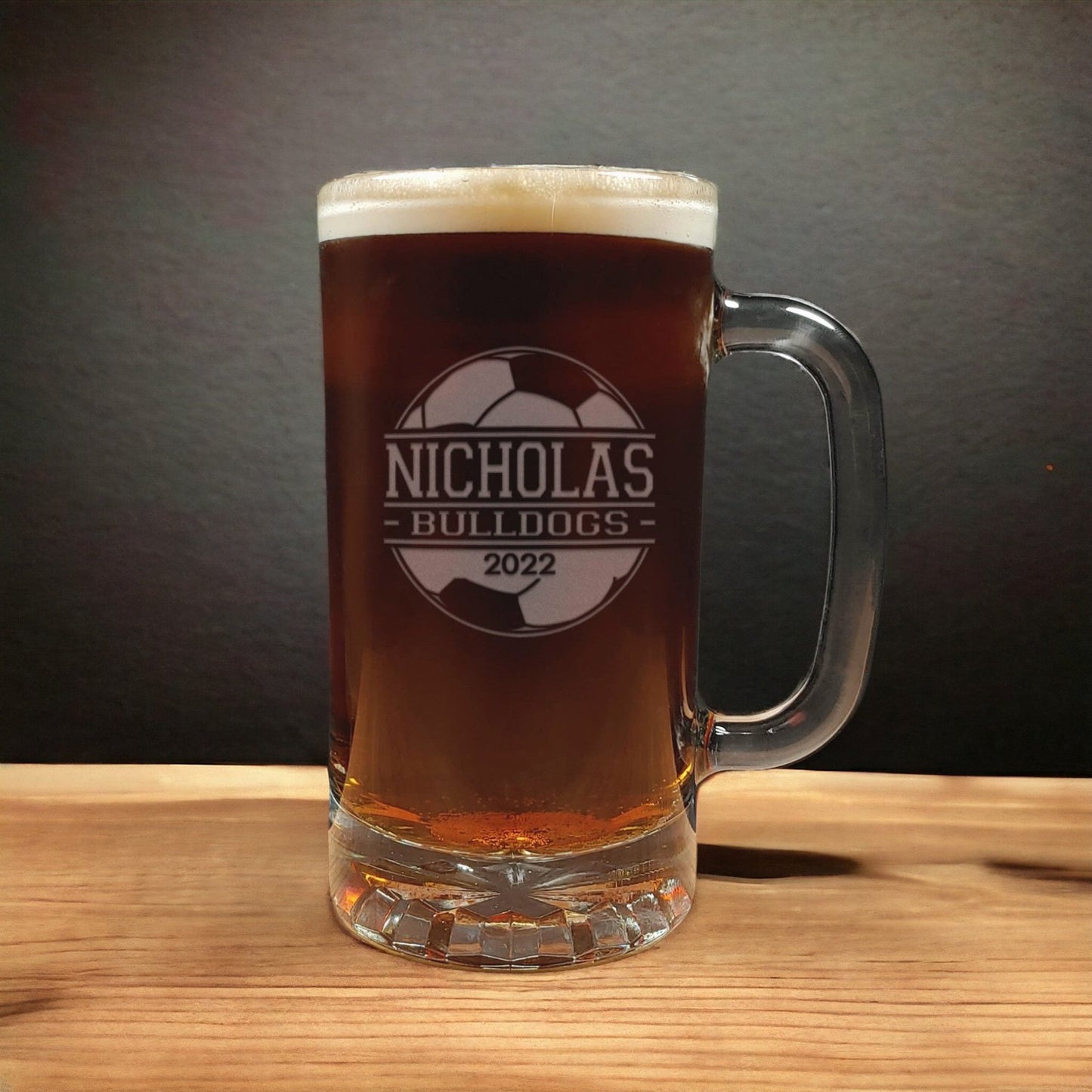 Soccer Player Beer Mug With Team Name and Year - Copyright Hues in Glass