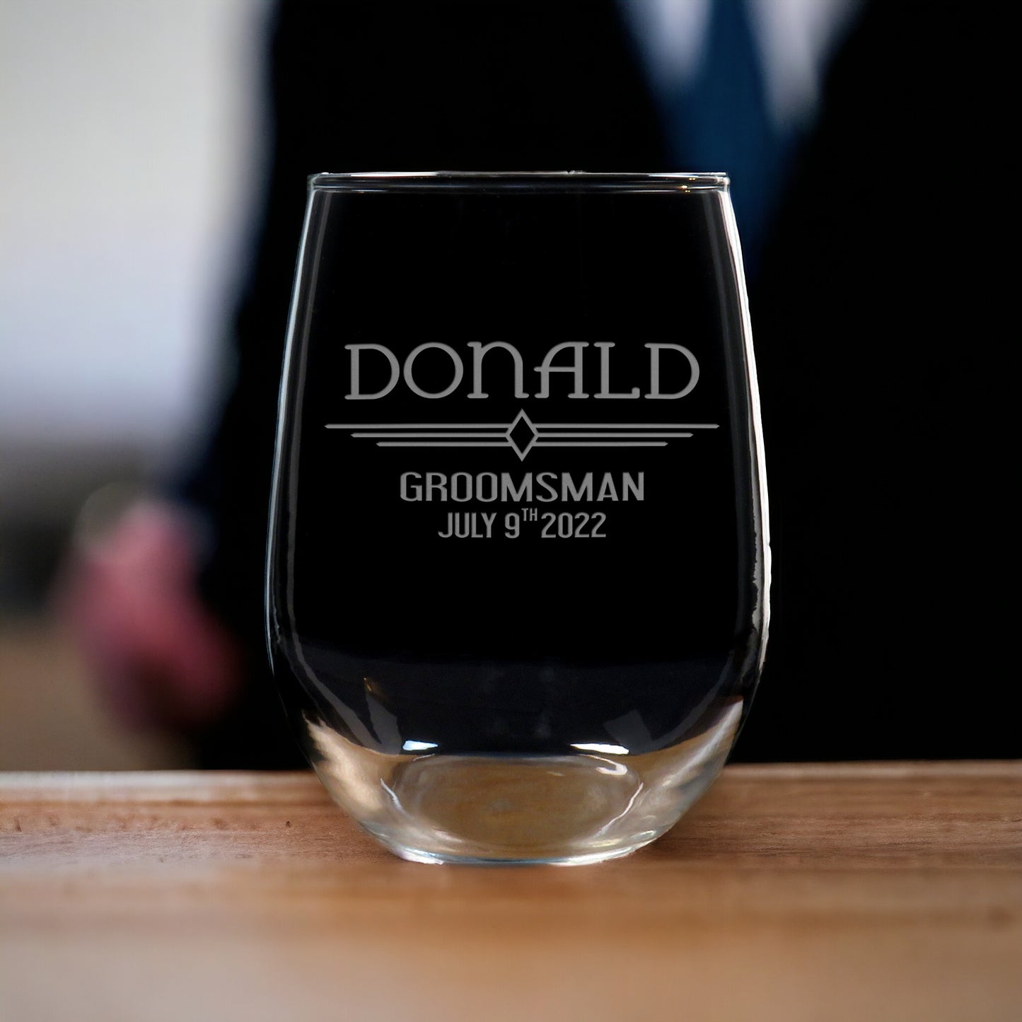 Groomsman 17oz Stemless Wine Glass - Gift for Wedding Party - Best Man, Groomsman, Father of the Bride and Groom, Sandblasted Personalized Glass