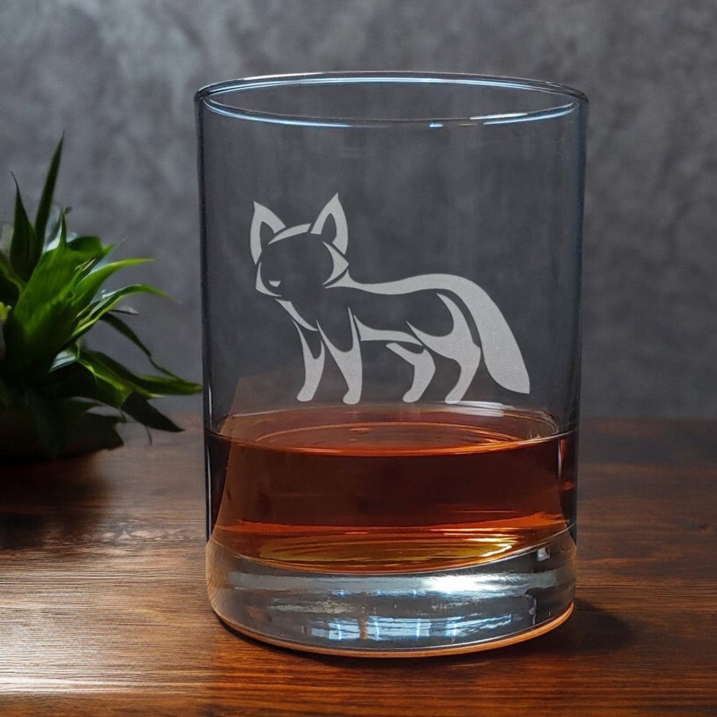 13 oz Whiskey Glass with an etched cute fox image - Copyright Hues in Glass