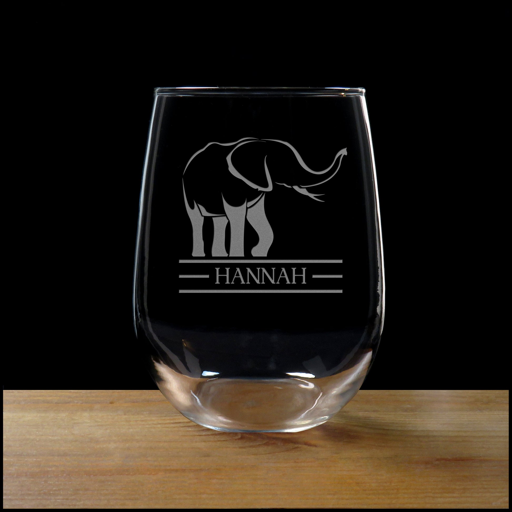 Elephant Stemless Wine Glass - Design 4 - Copyright Hues in Glass