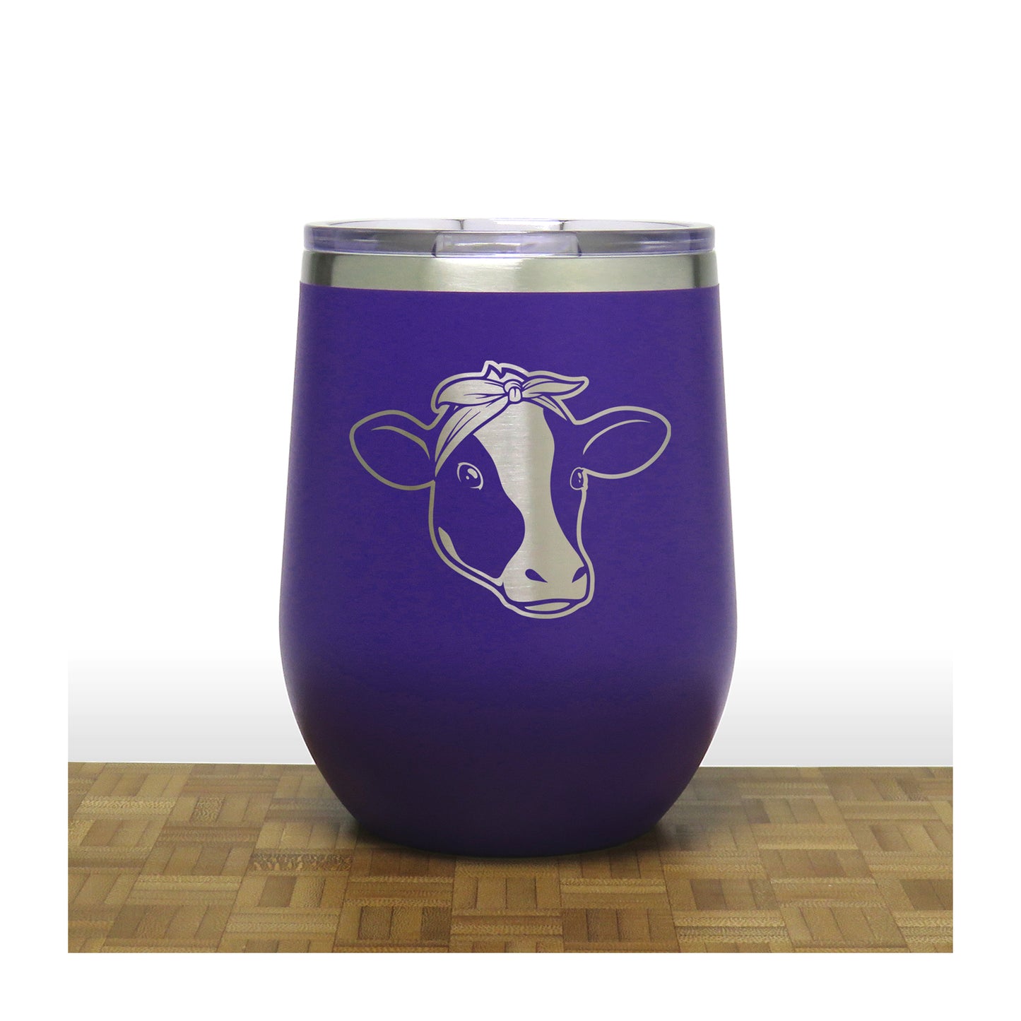 Purple - Cow Face with Bandana PC 12oz STEMLESS WINE