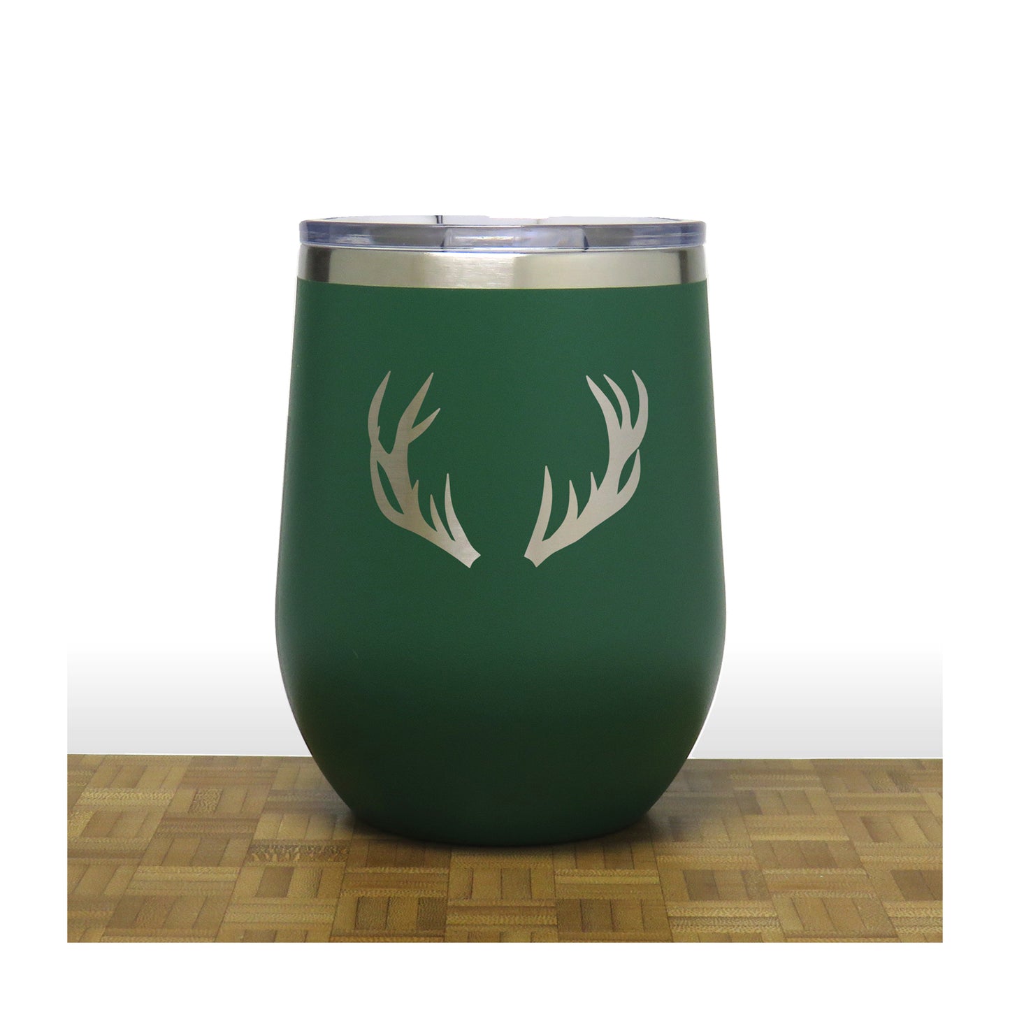 Green - Deer Antlers Design 2 -PC 12oz STEMLESS WINE - Copyright Hues in Glass