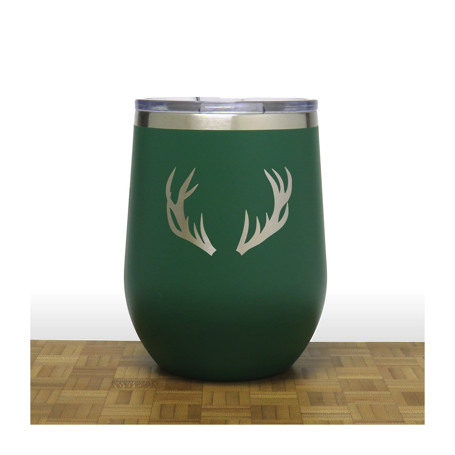Green - Deer Antlers Design 2 -PC 12oz STEMLESS WINE - Copyright Hues in Glass