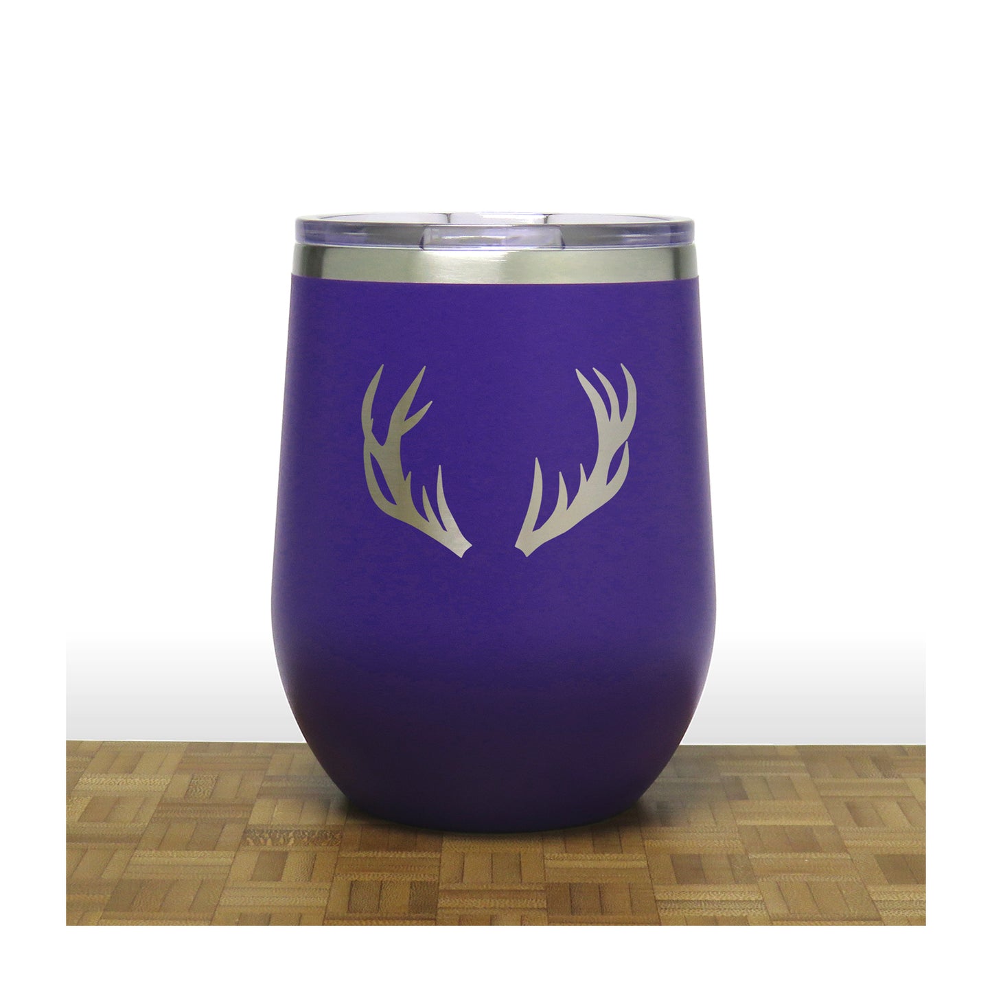 Purple - Deer Antlers Design 2 -PC 12oz STEMLESS WINE - Copyright Hues in Glass