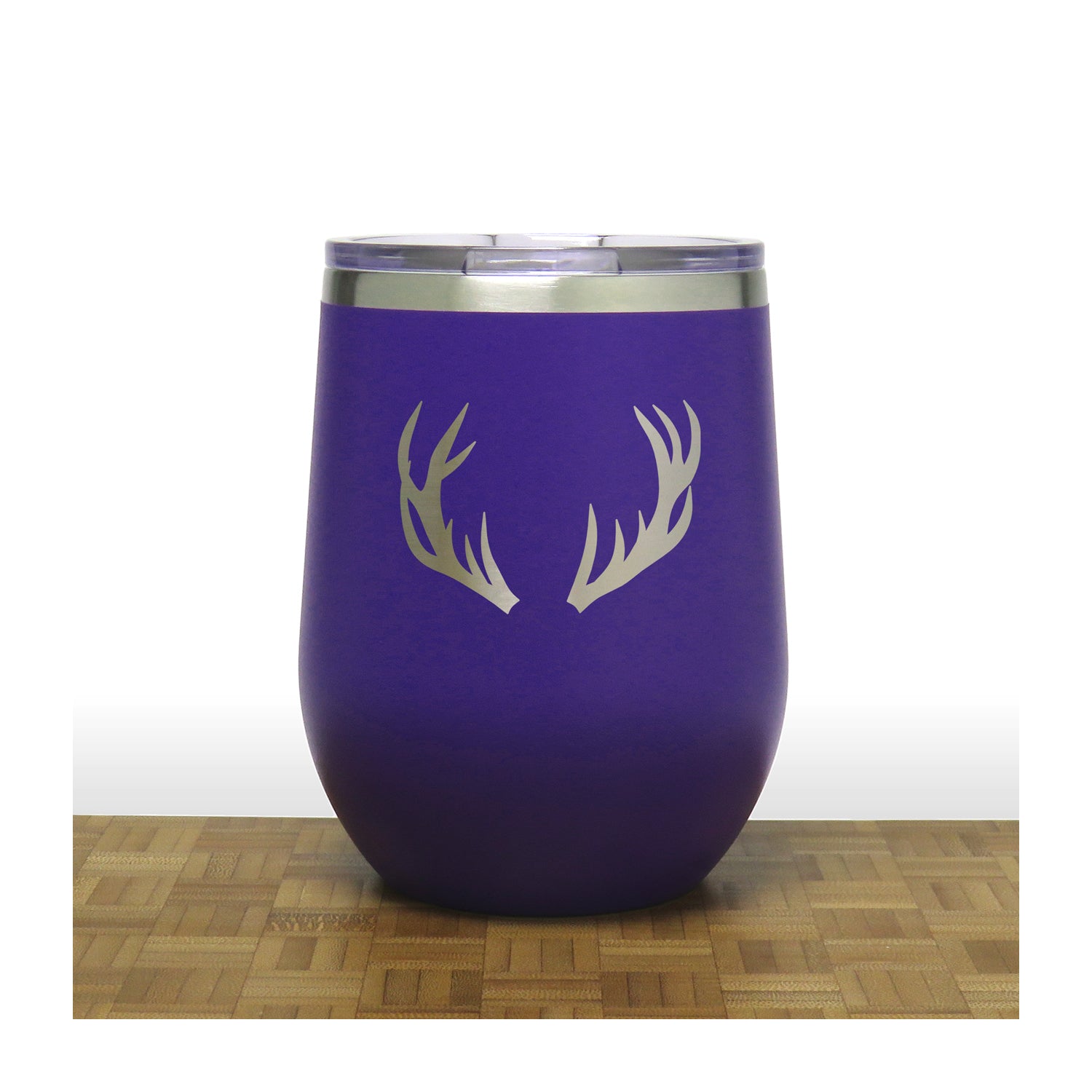 Purple - Deer Antlers Design 2 -PC 12oz STEMLESS WINE - Copyright Hues in Glass