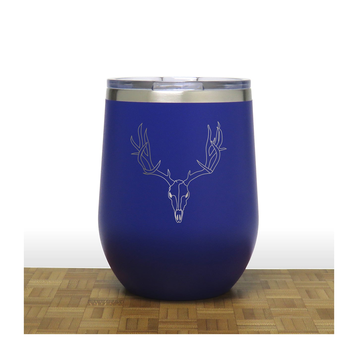 Blue  - Deer Skull and Antlers PC 12oz STEMLESS WINE - Copyright Hues in Glass