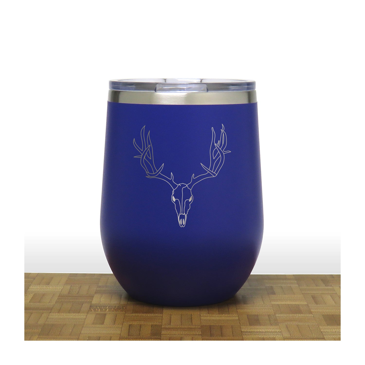 Blue  - Deer Skull and Antlers PC 12oz STEMLESS WINE - Copyright Hues in Glass