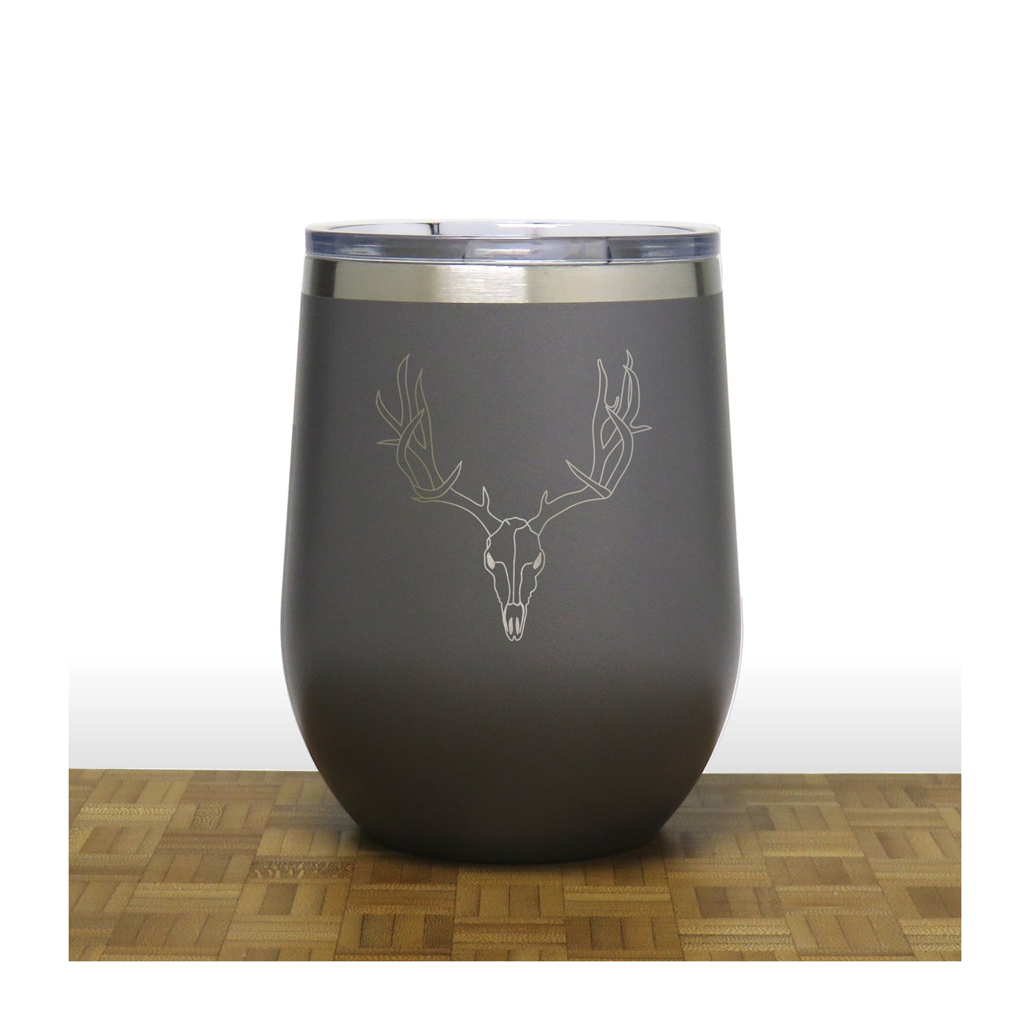 Grey  - Deer Skull and Antlers PC 12oz STEMLESS WINE - Copyright Hues in Glass