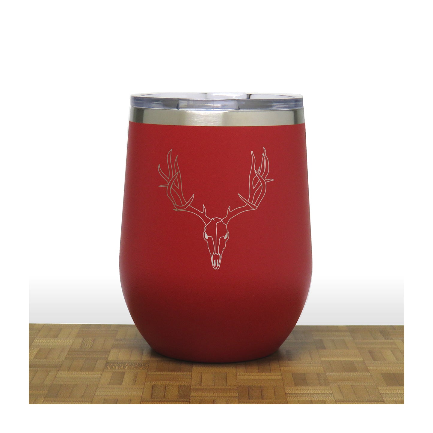 Red  - Deer Skull and Antlers PC 12oz STEMLESS WINE - Copyright Hues in Glass
