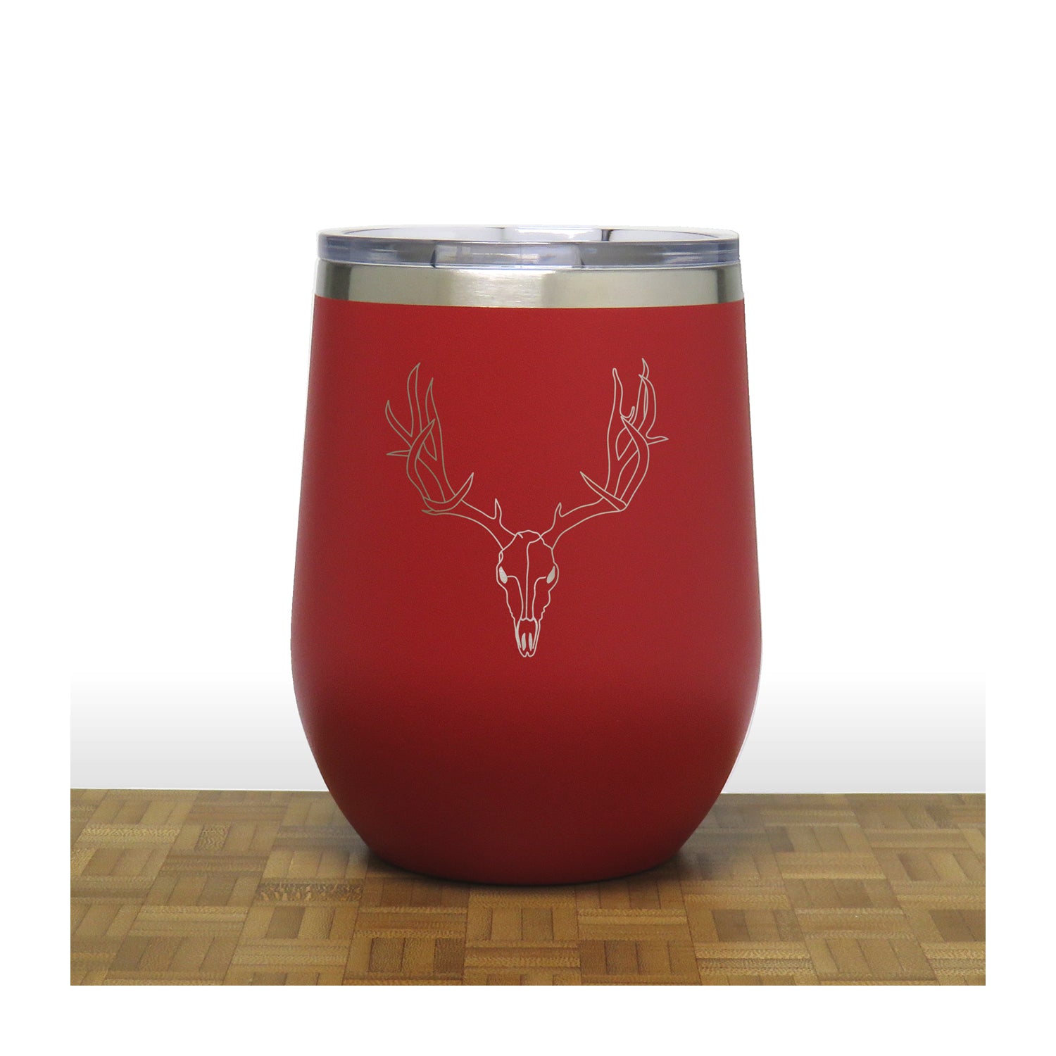 Red  - Deer Skull and Antlers PC 12oz STEMLESS WINE - Copyright Hues in Glass