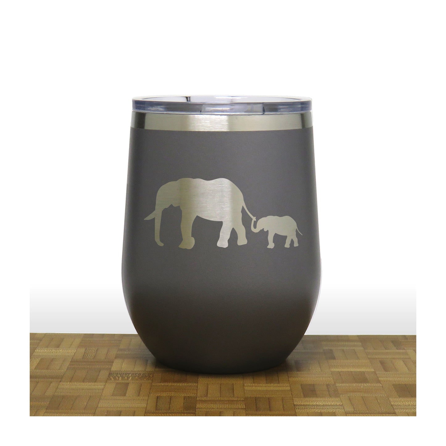 Grey - Elephant and Baby PC 12oz STEMLESS WINE - Copyright Hues in Glass