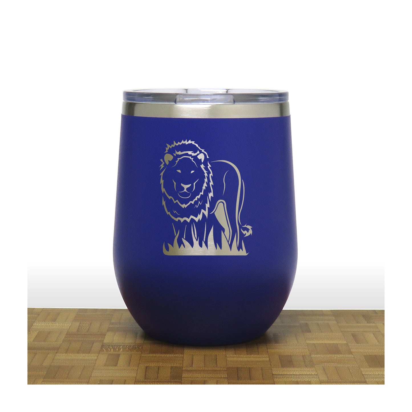 Blue - Lion PC 12oz STEMLESS WINE - Copyright Hues in Glass