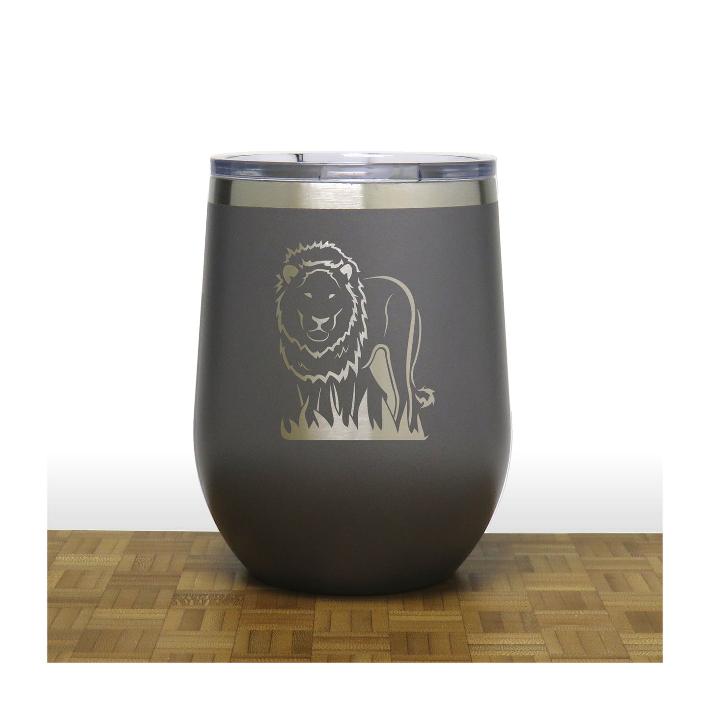 Grey - Lion PC 12oz STEMLESS WINE - Copyright Hues in Glass