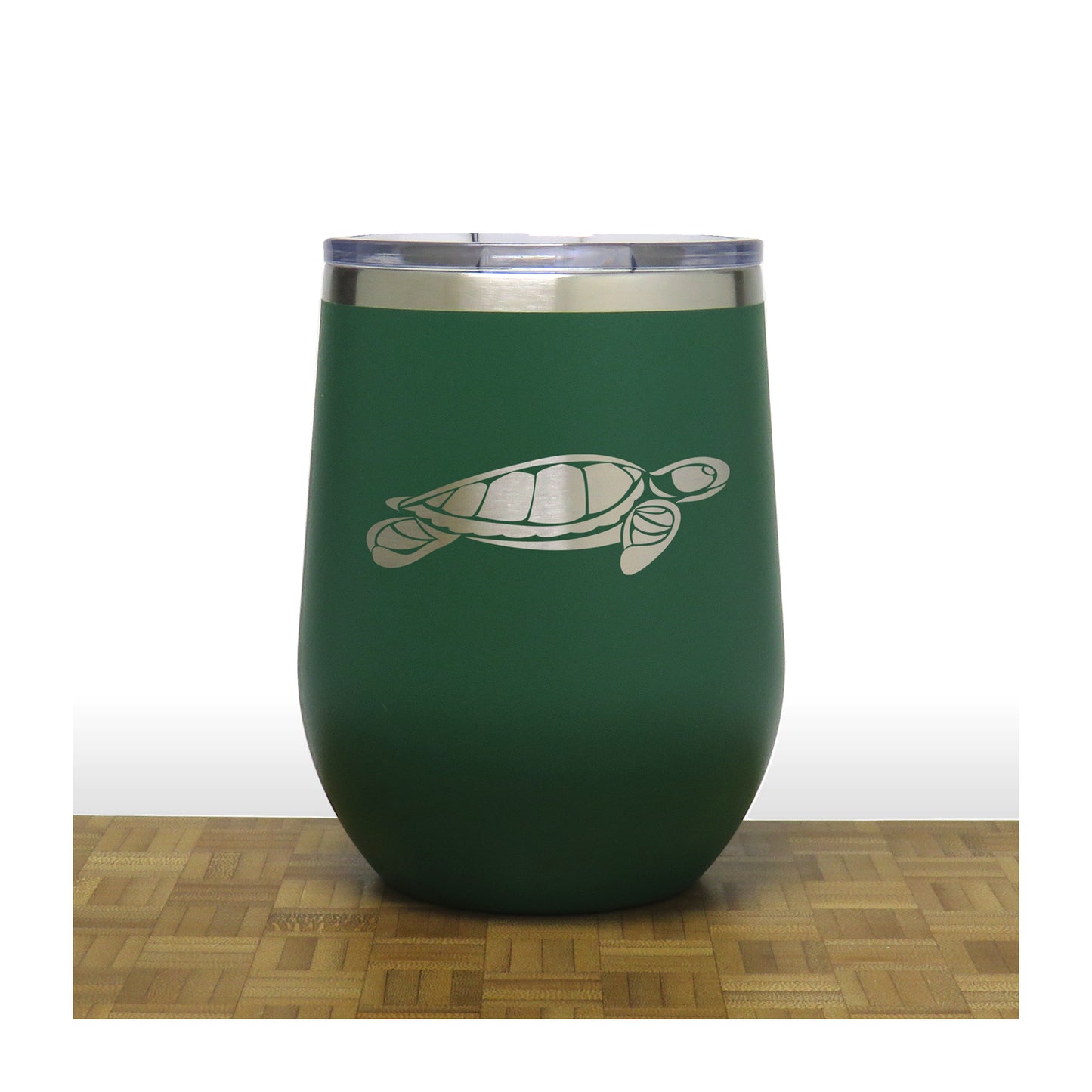 Green - Sea Turtle Design 2 PC 12oz STEMLESS WINE - Copyright Hues in Glass