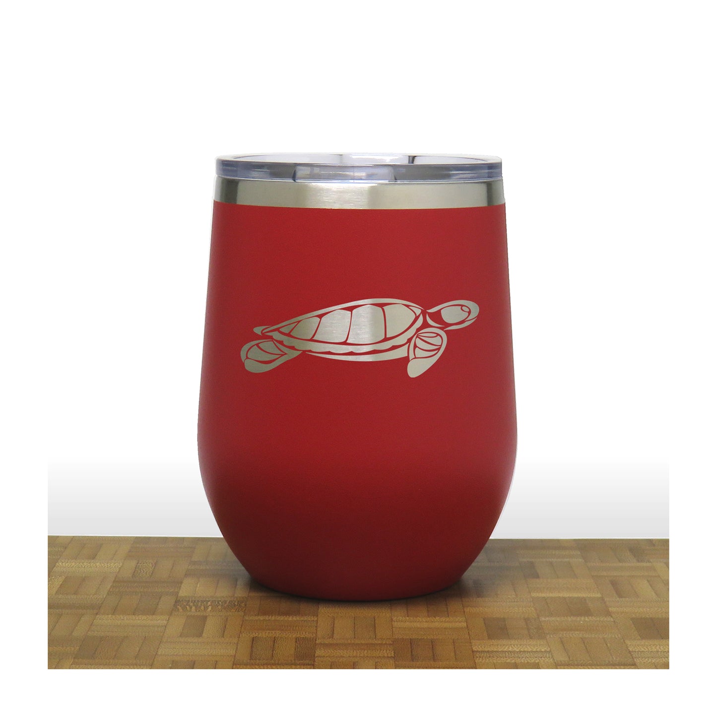 Red - Sea Turtle Design 2 PC 12oz STEMLESS WINE - Copyright Hues in Glass