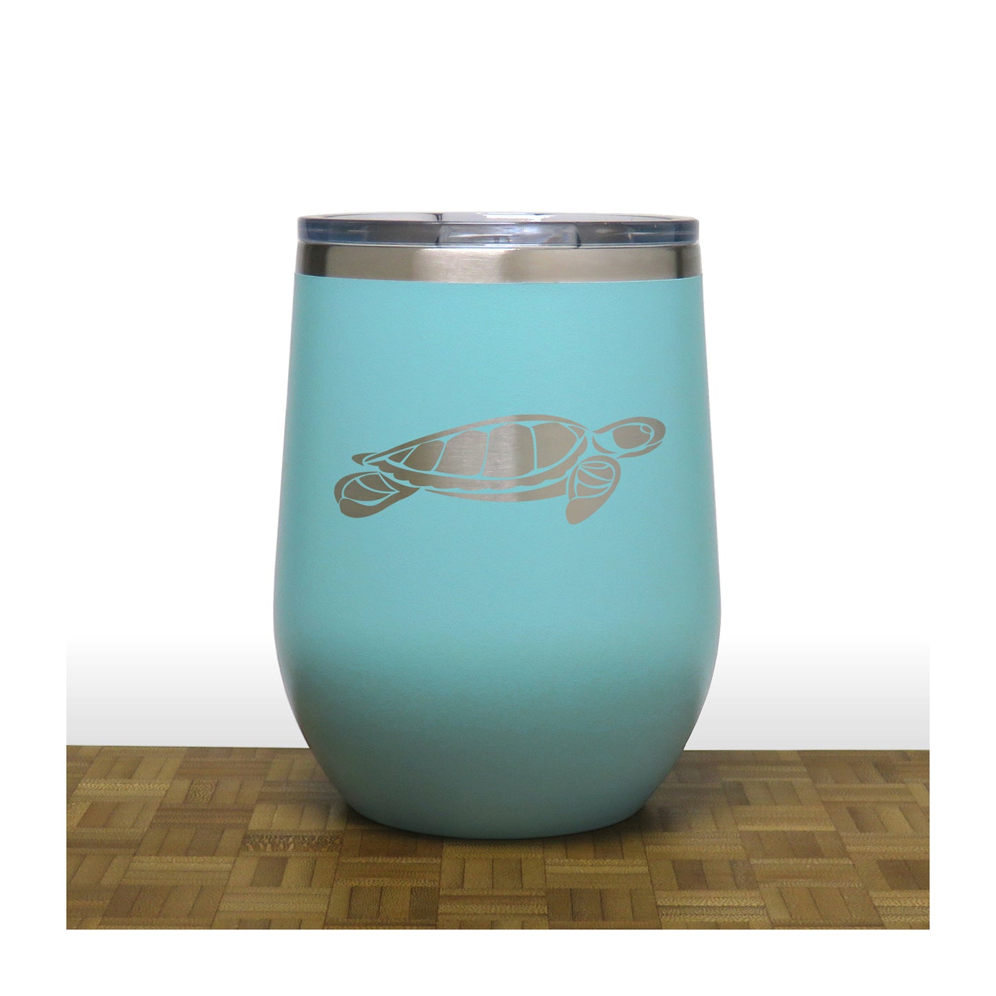Teal - Sea Turtle Design 2 PC 12oz STEMLESS WINE - Copyright Hues in Glass