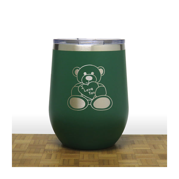 Green - Teddy Bear PC 12oz STEMLESS WINE - Copyright Hues in Glass
