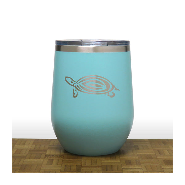 Teal - Turtle Design 2 PC 12oz STEMLESS WINE - Copyright Hues in Glass