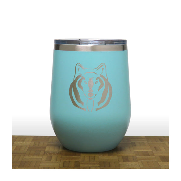 Teal -Wolf Face PC 12oz STEMLESS WINE - Copyright Hues in Glass