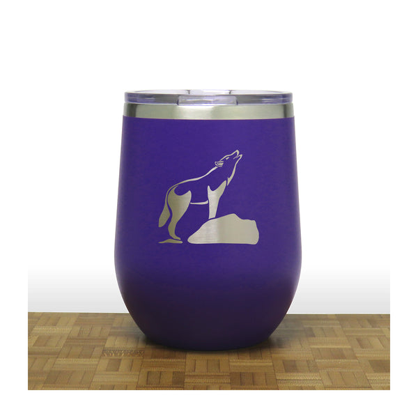 Purple - Wolf on a Rock Howling at the Moon Design 3 PC 12oz STEMLESS WINE - Copyright Hues in Glass