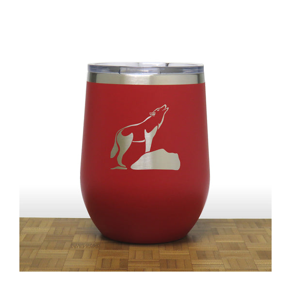 Red - Wolf on a Rock Howling at the Moon Design 3 PC 12oz STEMLESS WINE - Copyright Hues in Glass