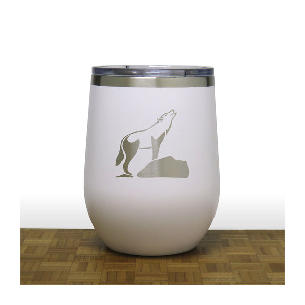 White - Wolf on a Rock Howling at the Moon Design 3 PC 12oz STEMLESS WINE - Copyright Hues in Glass
