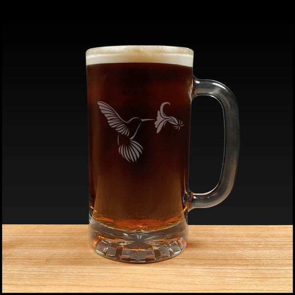 Hummingbird and Flower Beer Mug - Dark Beer - Copyright Hues in Glass