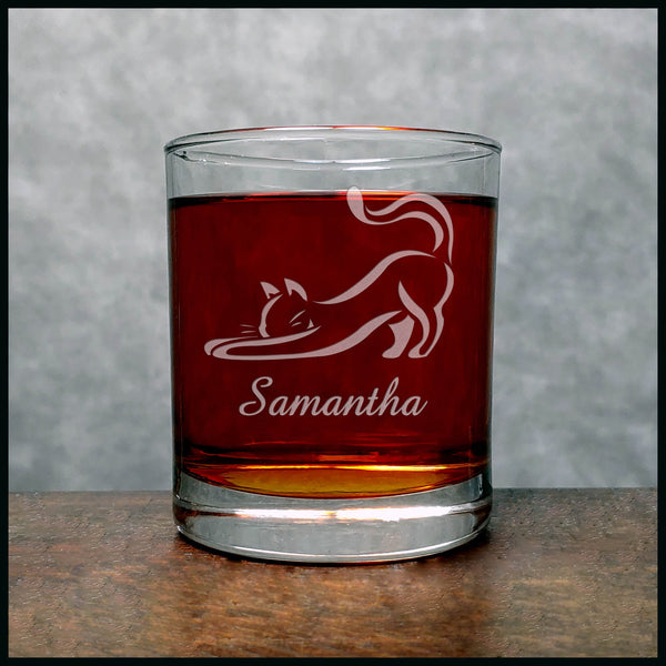 Personalized Stretching Cat Whisky Glass - Stretching Left - Copyright Hues in Glass