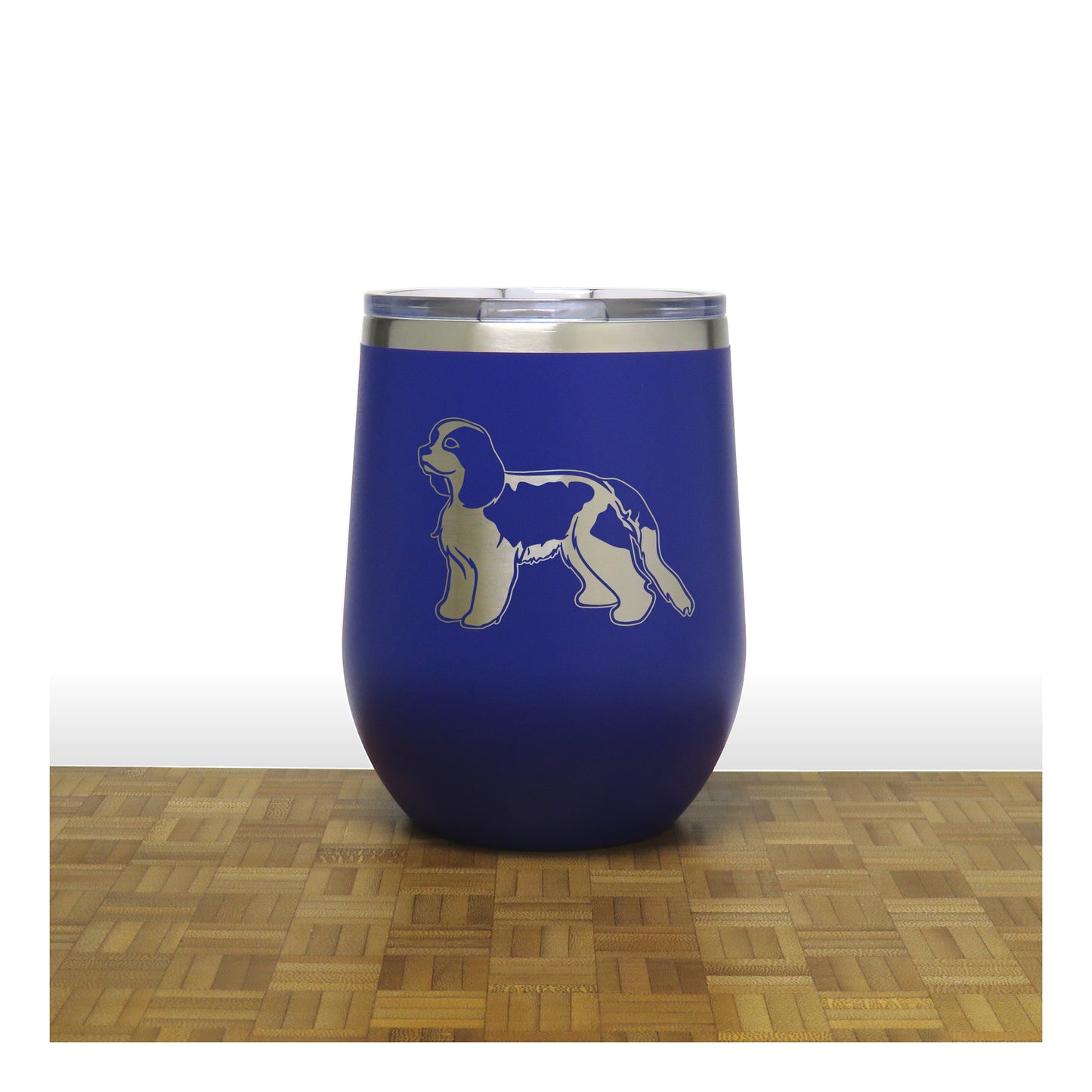 Blue - Cavalier King Charles Spaniel PC 12oz STEMLESS WINE - Copyright Hues in Glass