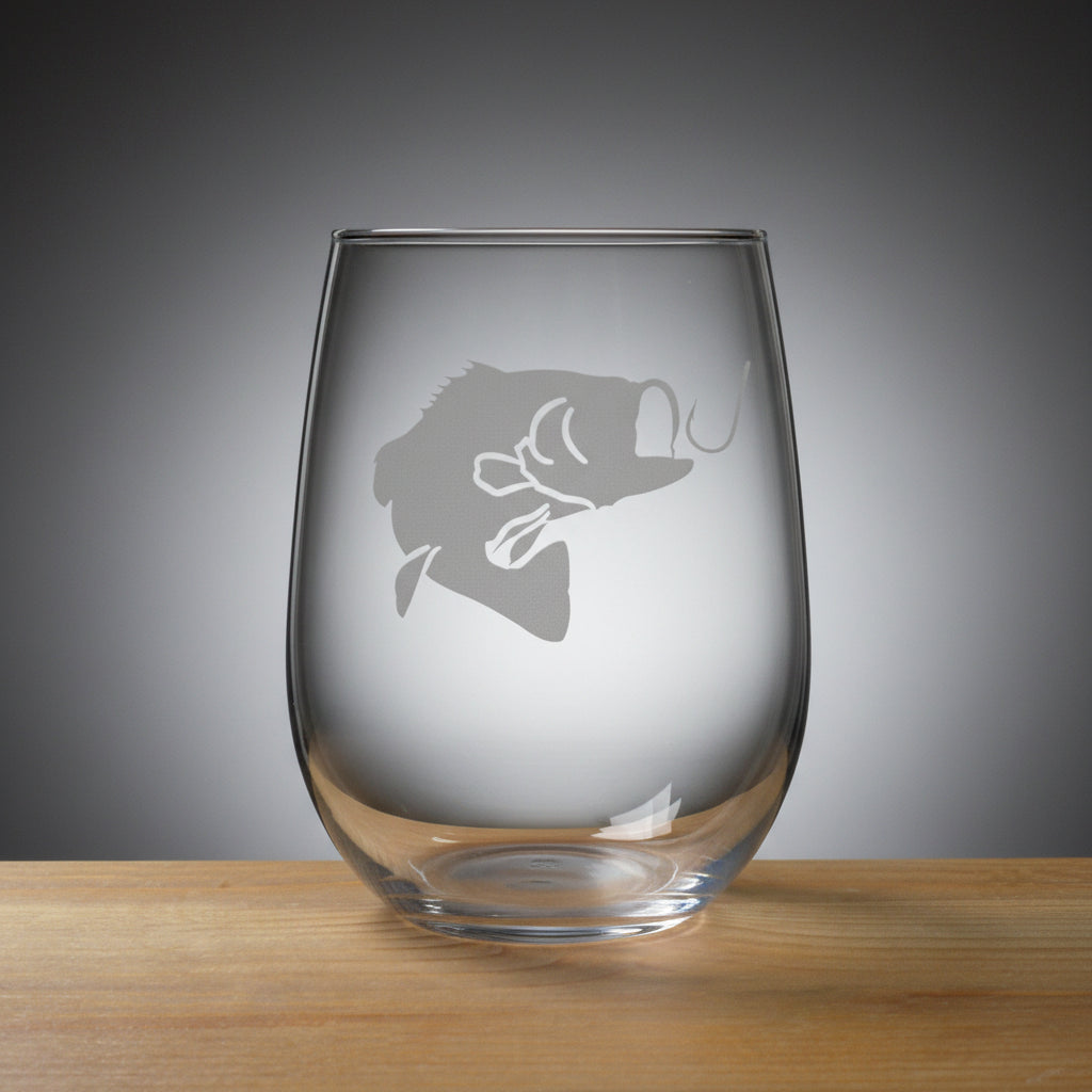 Bass Jumping for a Fishing Hook Stemless Wine Glass - Copyright Hues in Glass