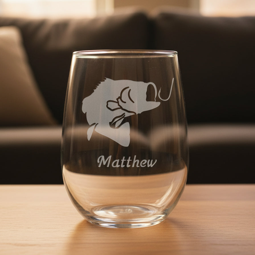 Personalized Bass Jumping for a Fishing Hook Stemless Wine Glass - Copyright Hues in Glass