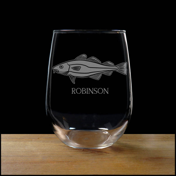 Personalized Cod Stemless Wine Glass - Copyright Hues in Glass