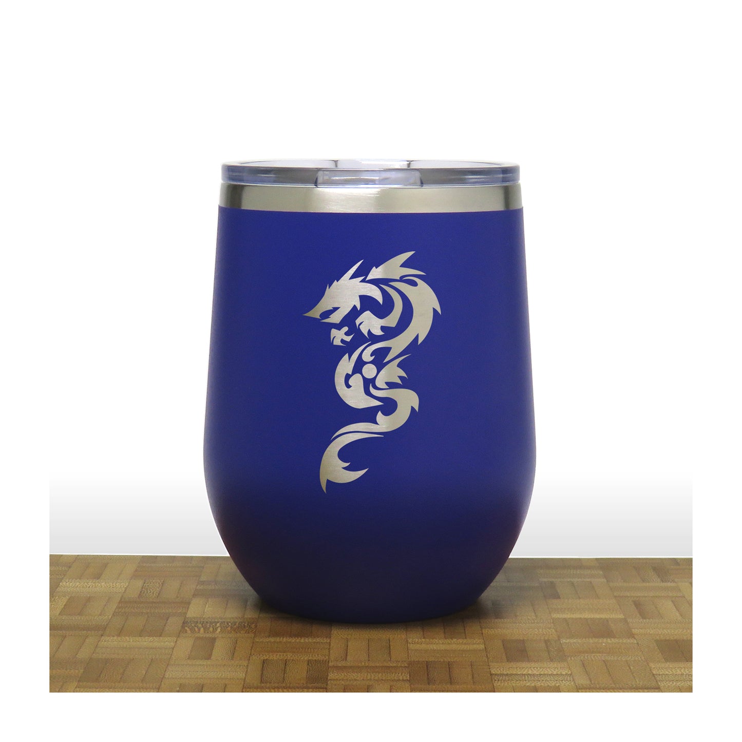 Blue - Dragon Design 2 PC 12oz STEMLESS WINE - Copyright Hues in Glass