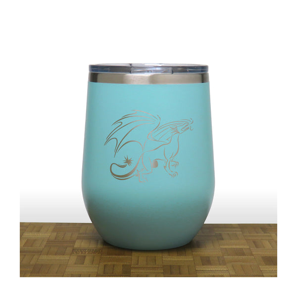 Teal - Dragon Design 3 PC 12oz STEMLESS WINE - Copyright Hues in Glass