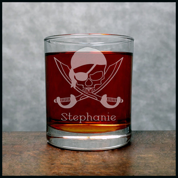 Pirate Skull and Crossed Swords Personalized Whisky Glass - Copyright Hues in Glass