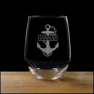 Anchor and Chain with Name Personalized Stemless Wine Glass - Copyright Hues in Glass