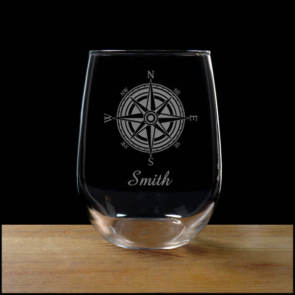 Compass Rose Personalized Stemless Wine Glass - Design 3 - Copyright Hues in Glass