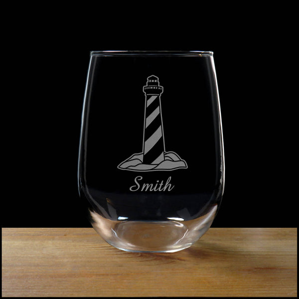Lighthouse Personalized Stemless Wine Glass - Design 3 - Copyright Hues in Glass