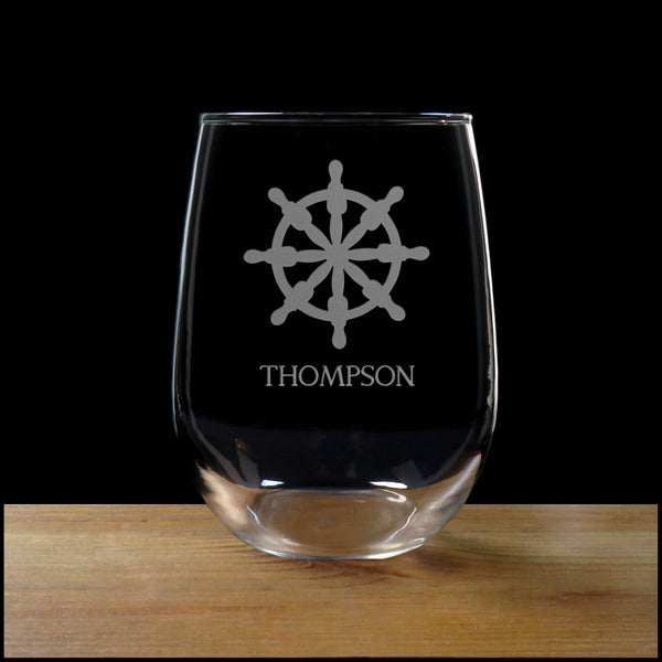 Ship's Wheel Personalized Stemless Wine Glass - Copyright Hues in Glass