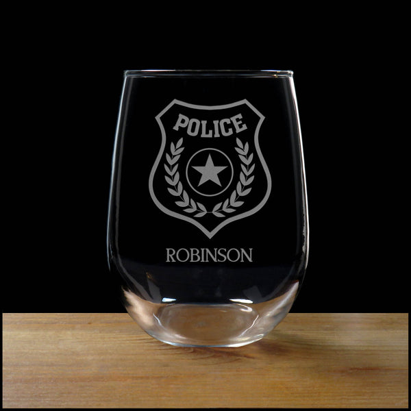 Personalized Police Badge Stemless Wine Glass - Copyright Hues in Glass