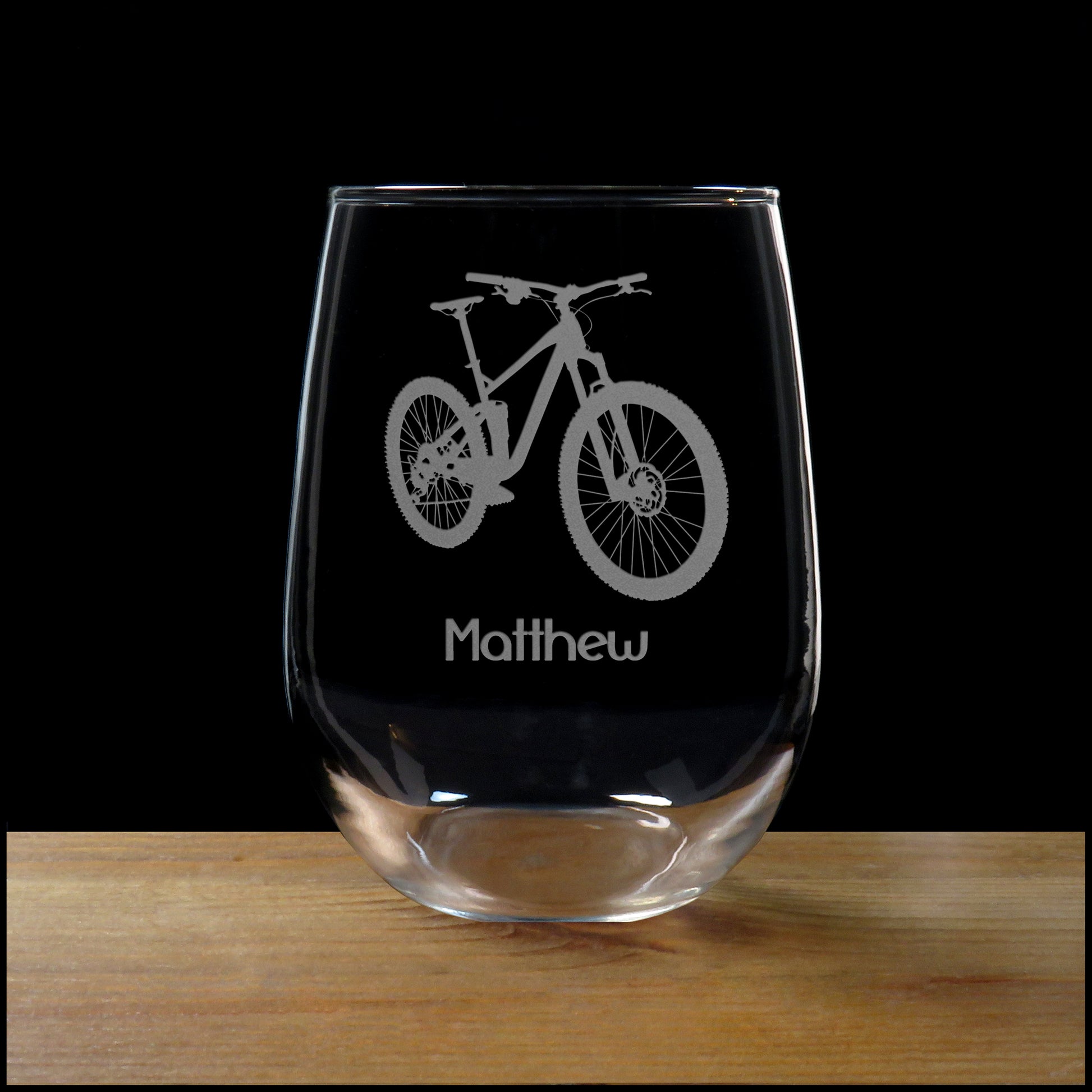 Mountain Bike Personalized Stemless Wine Glass - Copyright Hues in Glass