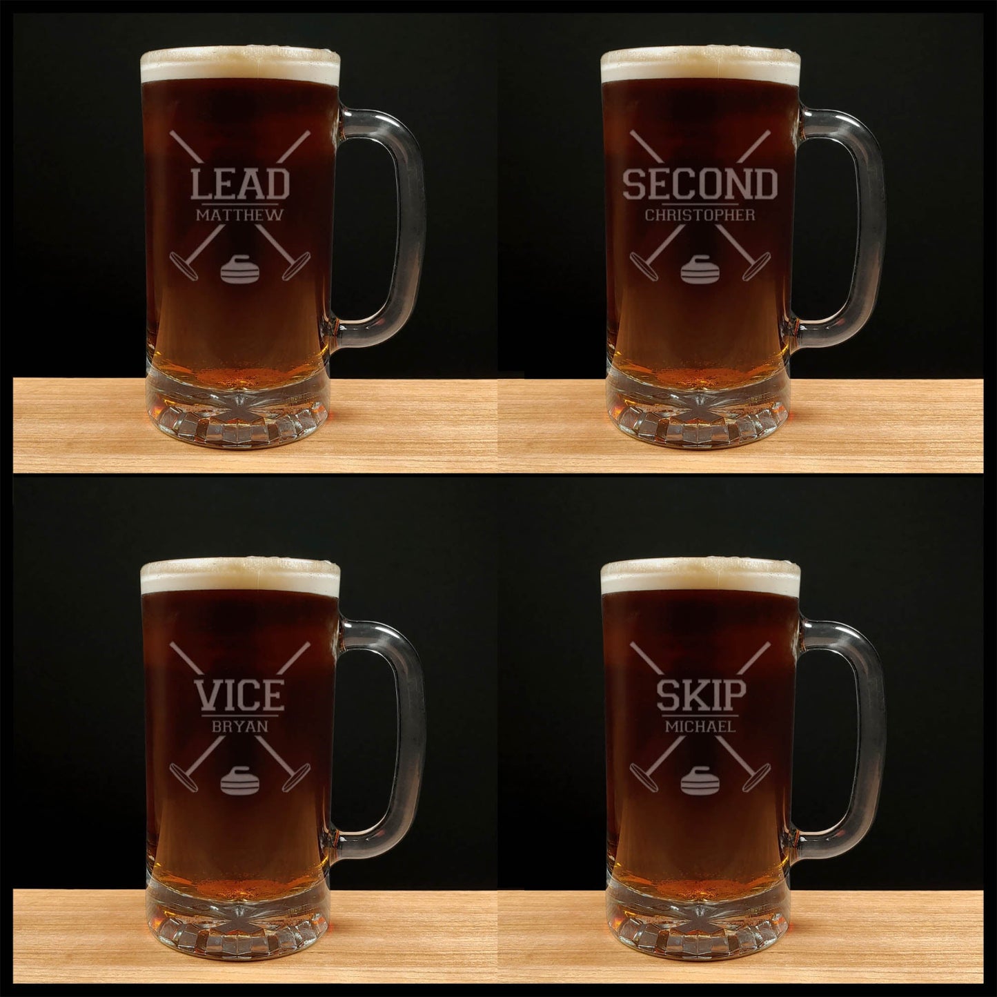 Set of four 16oz engraved beer mugs featuring curling team positions—Lead, Second, Vice, and Skip—each personalized with a name. Deeply etched with sandblasting for a permanent finish, perfect for curling team gifts or sports-themed barware. copyright Hues in Glass